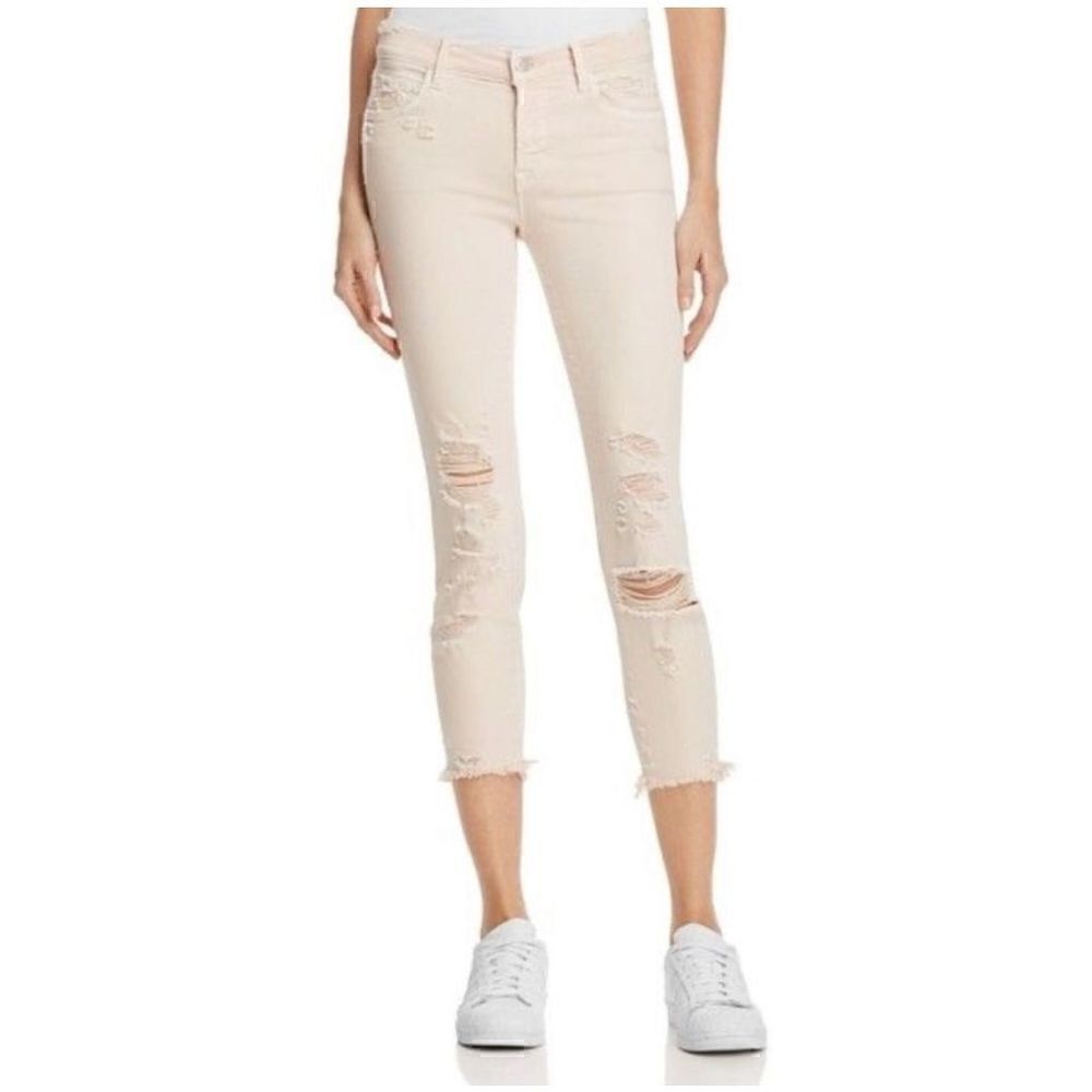 J Brand Mid Rise Crop Jeans Distressed Raw Hem in Debutante Cream women’s sz 27